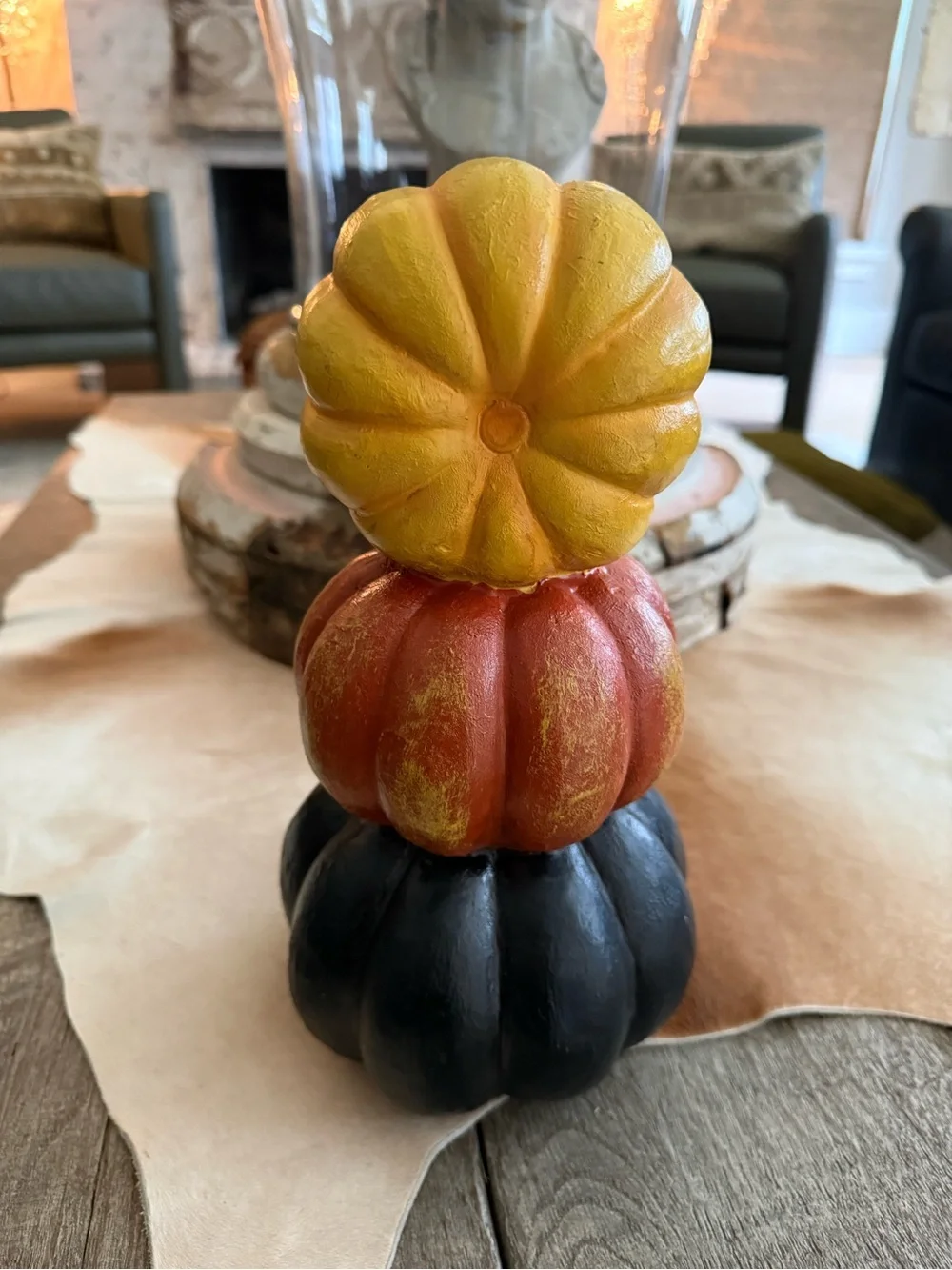 Stacked Pumpkin Smiles Halloween Table Accent - Yellow, Orange, Black